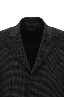 Koyu Antrasit Mono Yaka Düğmeli Cepli Yünlü Desenli Klasik Kaşe Kaban