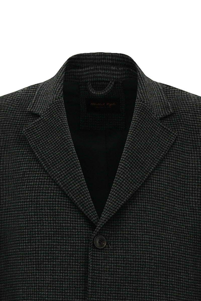 Koyu Antrasit Mono Yaka Düğmeli Cepli Yünlü Desenli Klasik Kaşe Kaban
