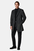 Koyu Antrasit Mono Yaka Düğmeli Cepli Yünlü Desenli Klasik Kaşe Kaban