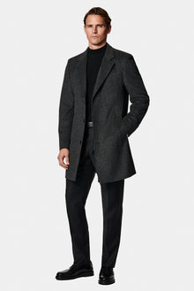 Koyu Antrasit Mono Yaka Düğmeli Cepli Yünlü Desenli Klasik Kaşe Kaban