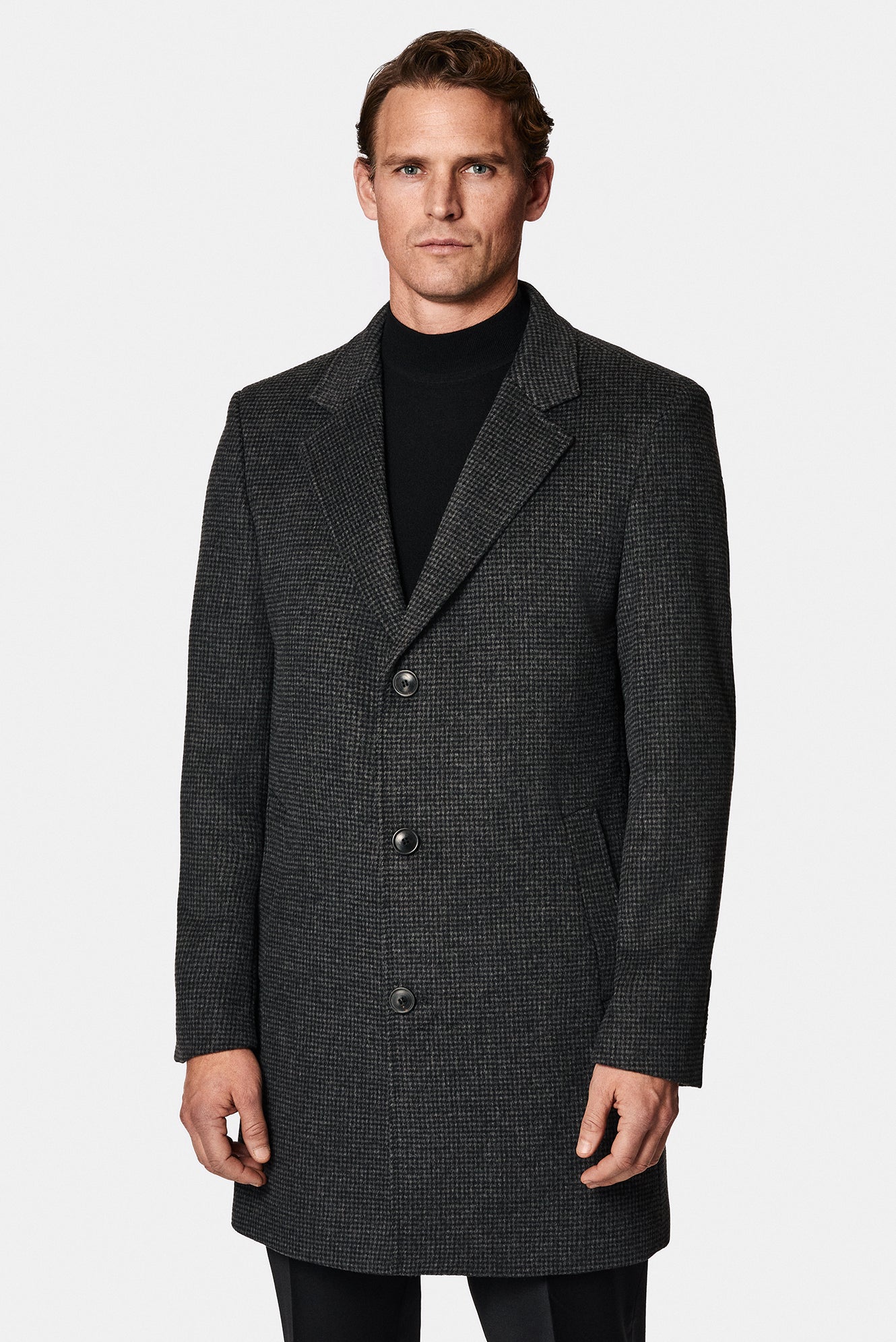 Koyu Antrasit Mono Yaka Düğmeli Cepli Yünlü Desenli Klasik Kaşe Kaban