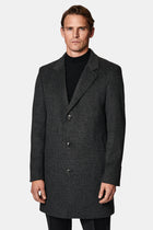 Koyu Antrasit Mono Yaka Düğmeli Cepli Yünlü Desenli Klasik Kaşe Kaban