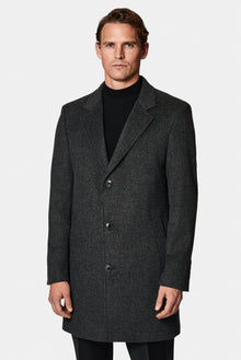 Koyu Antrasit Mono Yaka Düğmeli Cepli Yünlü Desenli Klasik Kaşe Kaban