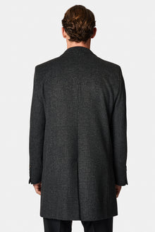 Koyu Antrasit Mono Yaka Düğmeli Cepli Yünlü Desenli Klasik Kaşe Kaban