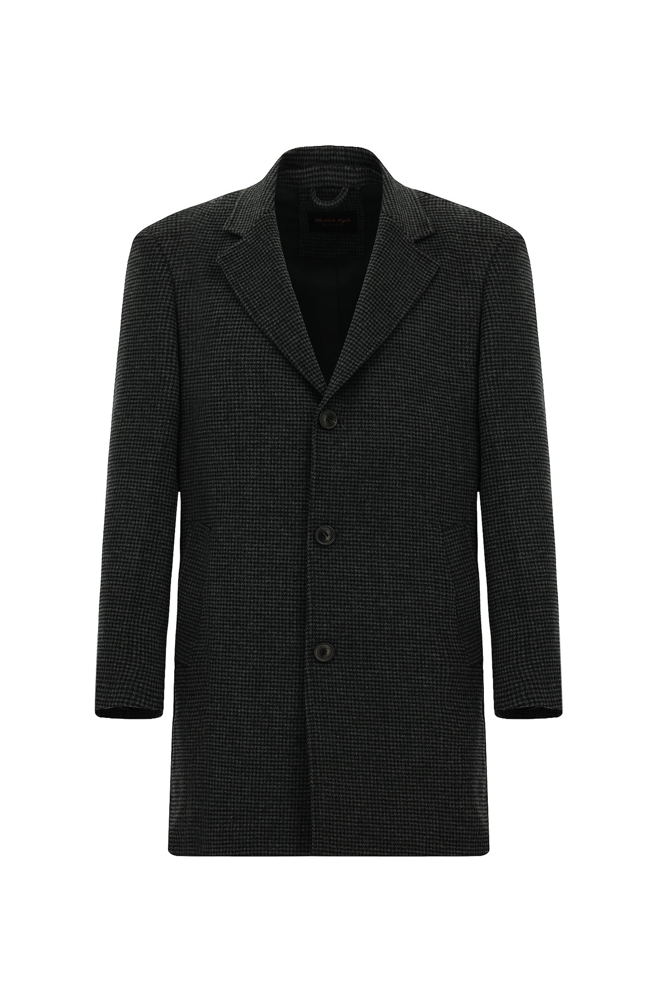 Koyu Antrasit Mono Yaka Düğmeli Cepli Yünlü Desenli Klasik Kaşe Kaban