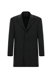 Koyu Antrasit Mono Yaka Düğmeli Cepli Yünlü Desenli Klasik Kaşe Kaban