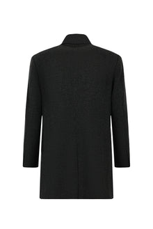 Koyu Antrasit Mono Yaka Düğmeli Cepli Yünlü Desenli Klasik Kaşe Kaban