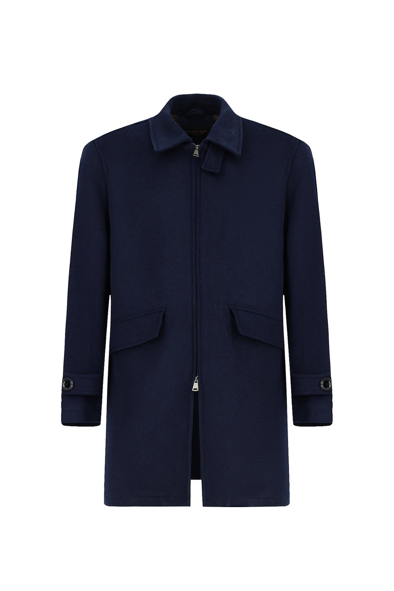 Koyu Lacivert Yünlü Fermuarlı Cepli Sıcak Tutan Klasik Kaban