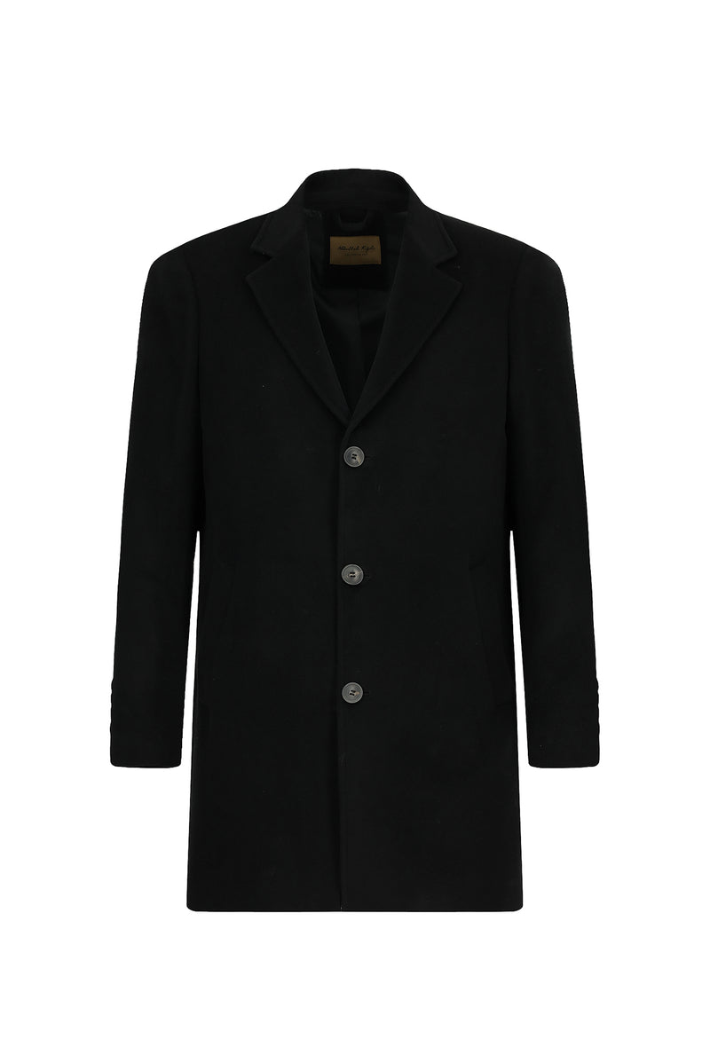 Siyah Düğmeli Cepli Sıcak Tutan Yünlü Kaşmir Klasik Kaban