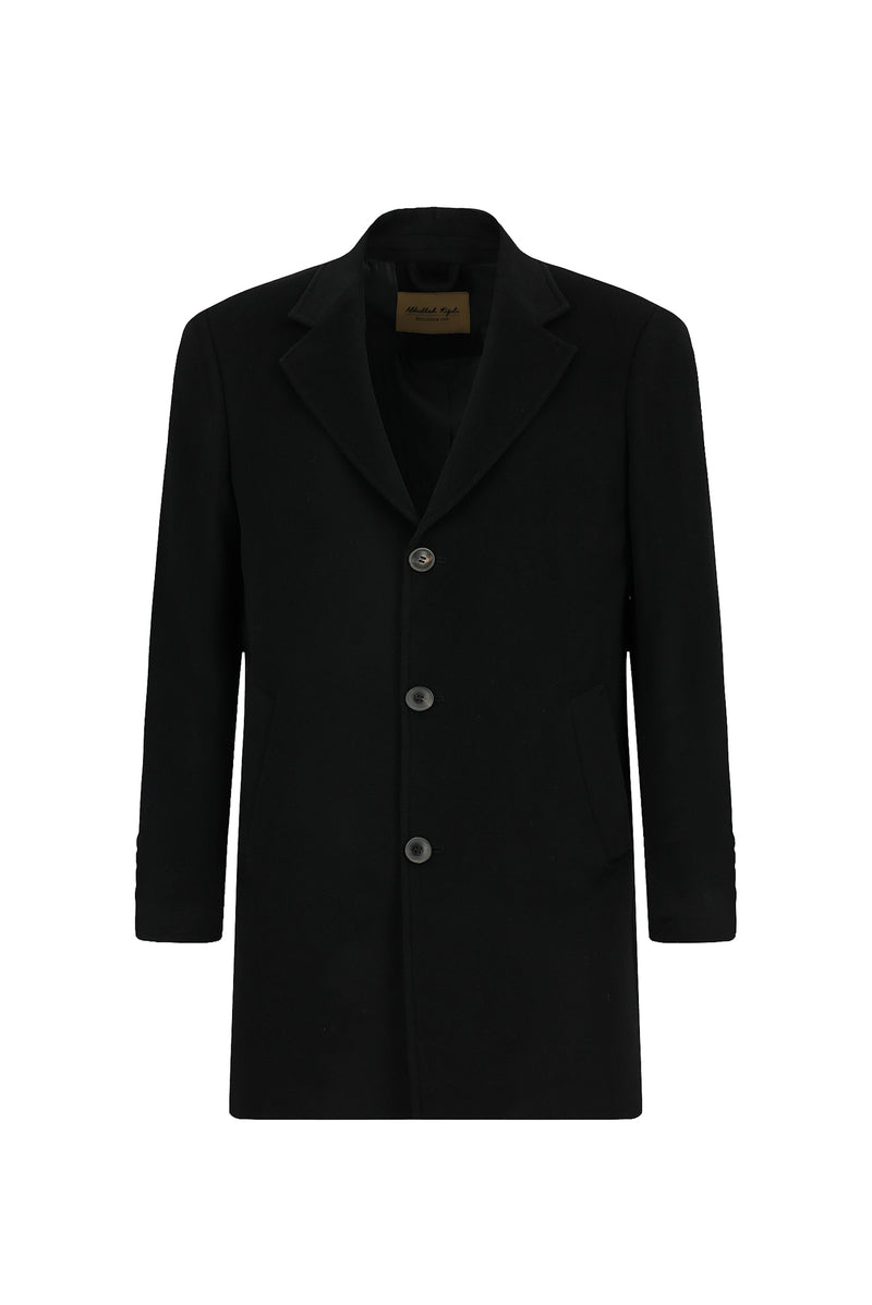 Siyah Düğmeli Cepli Sıcak Tutan Yünlü Kaşmir Klasik Kaban