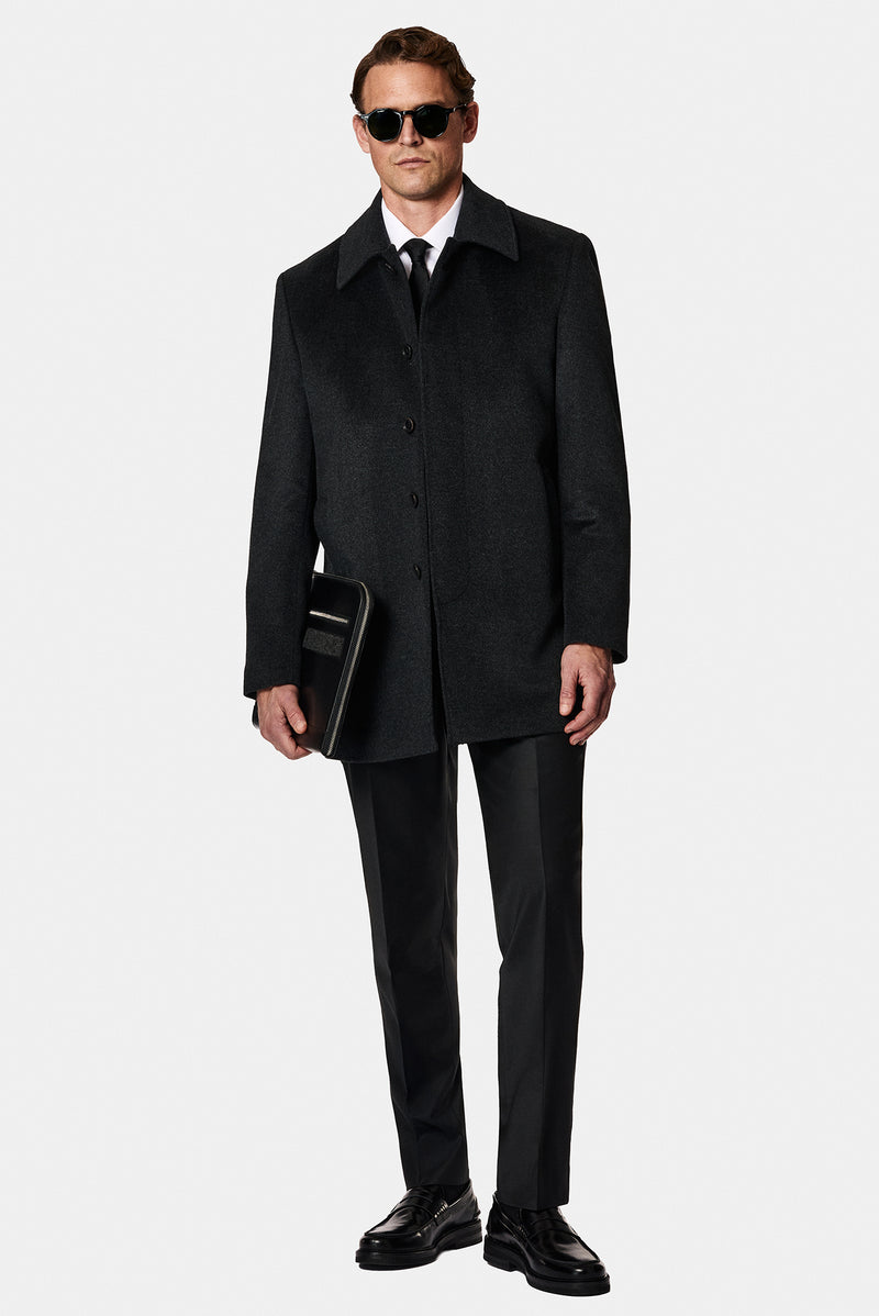 Koyu Antrasit Yünlü Kaşmir Klasik Kaban