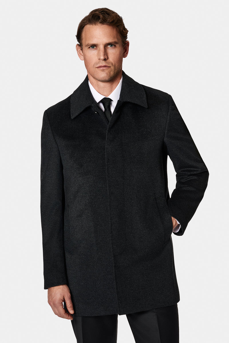 Koyu Antrasit Yünlü Kaşmir Klasik Kaban