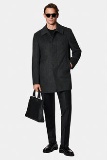 Orta Antrasit Yünlü Desenli Klasik Kaban