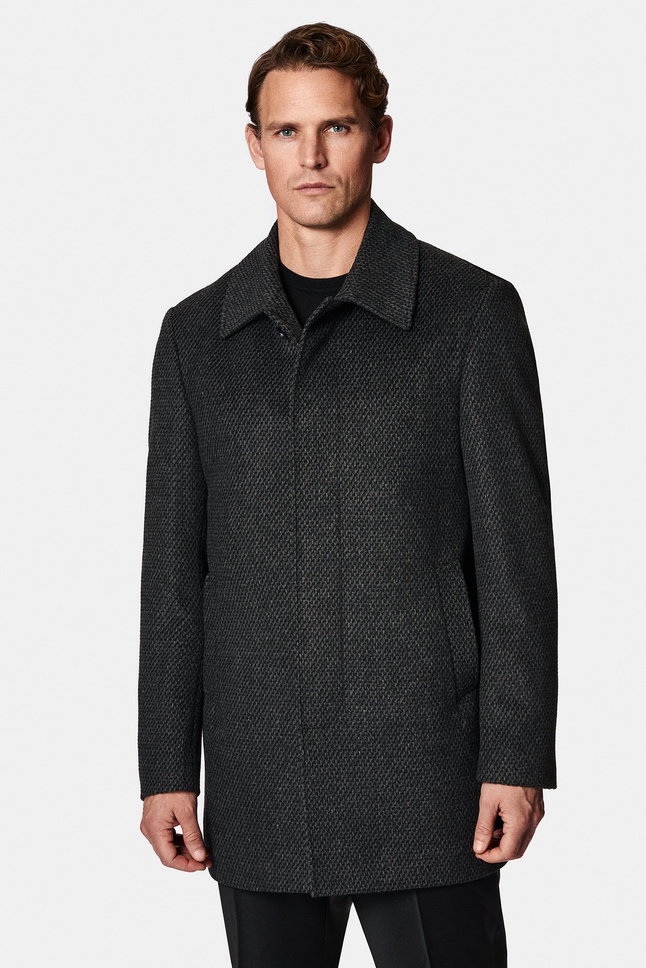 Orta Antrasit Yünlü Desenli Klasik Kaban