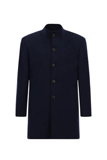 Açık Lacivert Dik Yaka Düğmeli Klasik Kaşe Kaşmir Kaban