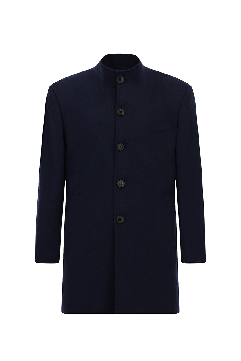 Açık Lacivert Dik Yaka Düğmeli Klasik Kaşe Kaşmir Kaban