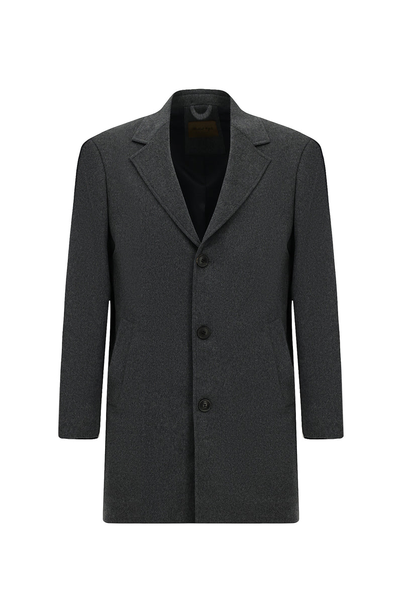 Koyu Füme Mono Yaka Düğmeli Cepli Klasik Kaşe Kaşmir Kaban