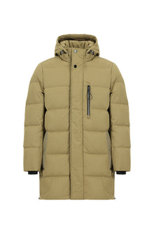 Orta Bej Kapüşonlu Cepli Fermuarlı Kaz Tüyü Şişme Spor Kaban