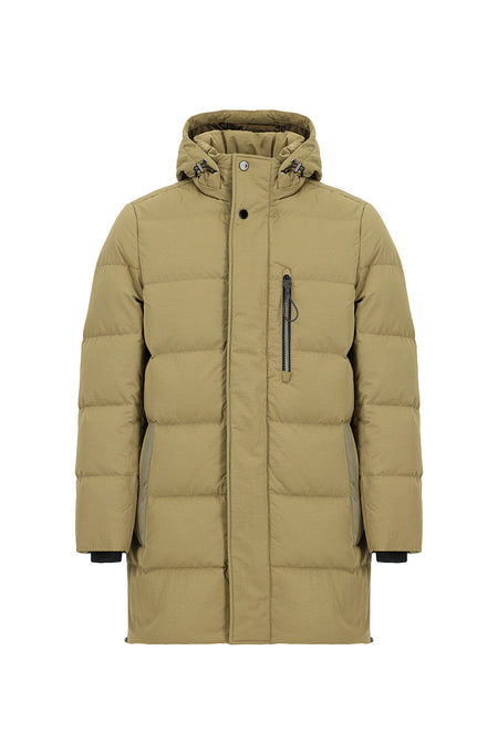 Orta Bej Kapüşonlu Cepli Fermuarlı Kaz Tüyü Şişme Spor Kaban