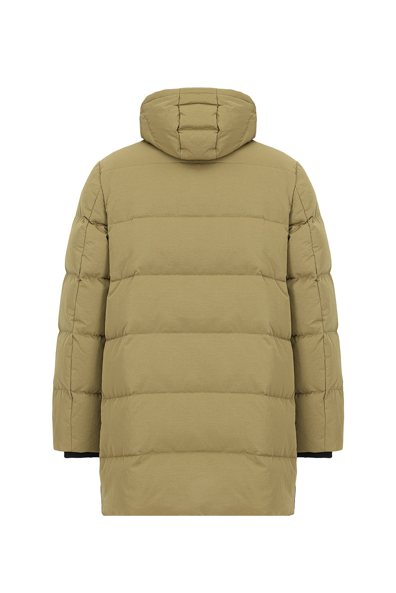 Orta Bej Kapüşonlu Cepli Fermuarlı Kaz Tüyü Şişme Spor Kaban