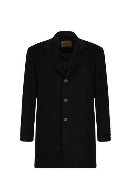 Siyah Düğmeli Cepli Yünlü Kaşmir Klasik Palto