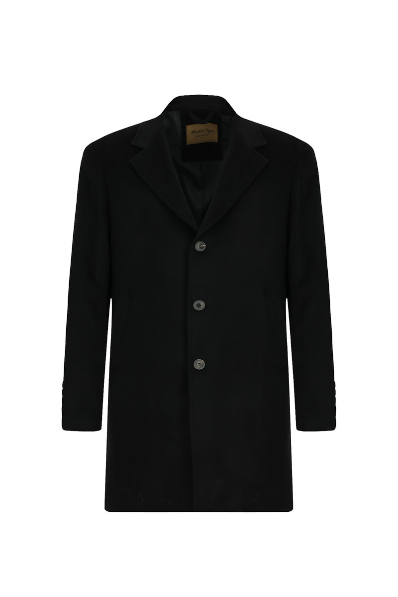 Siyah Düğmeli Cepli Yünlü Kaşmir Klasik Palto
