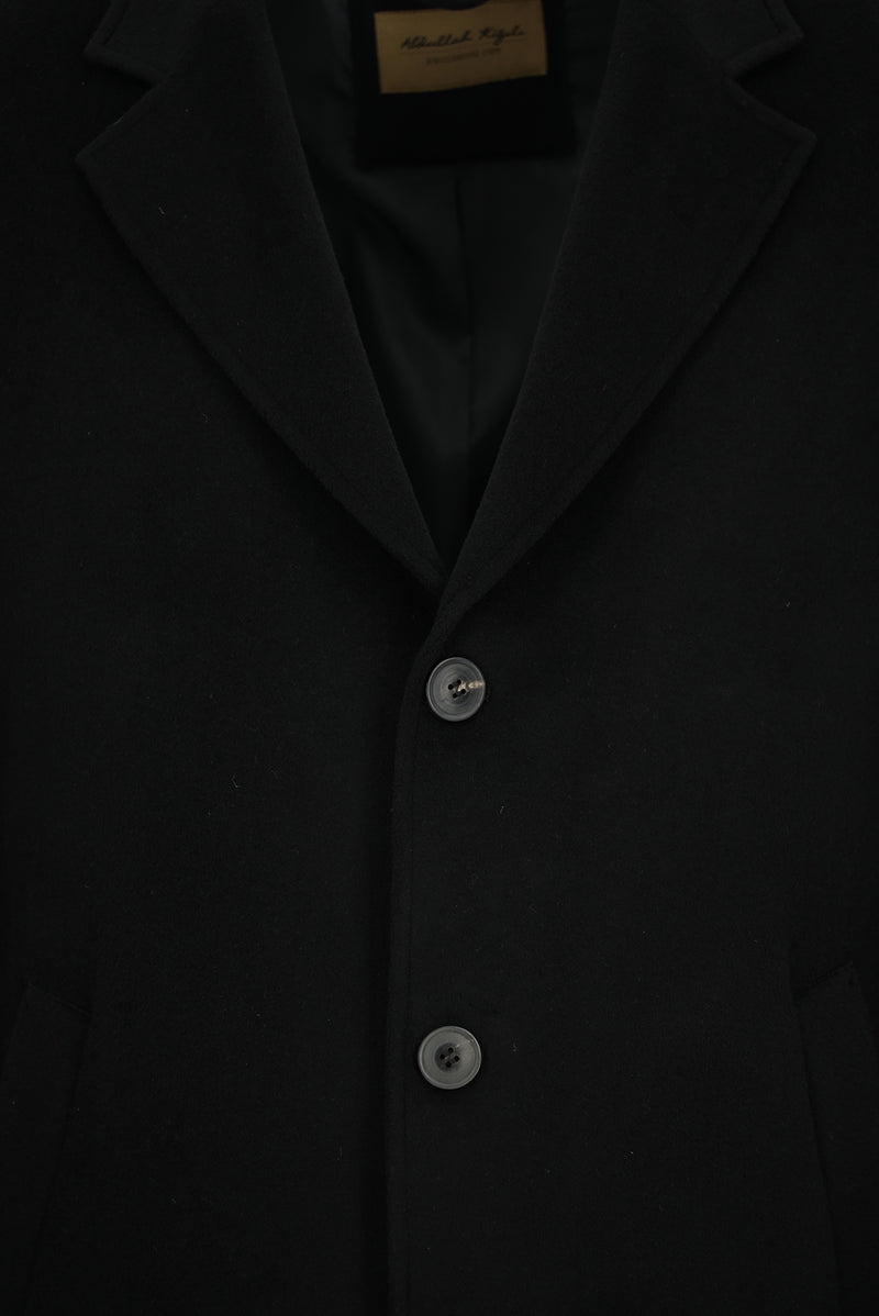 Siyah Düğmeli Cepli Yünlü Kaşmir Klasik Palto