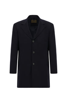Koyu Lacivert Mono Yaka Düğmeli Cepli Kaşmir Klasik Kaşe Palto