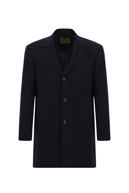 Koyu Lacivert Mono Yaka Düğmeli Cepli Kaşmir Klasik Kaşe Palto