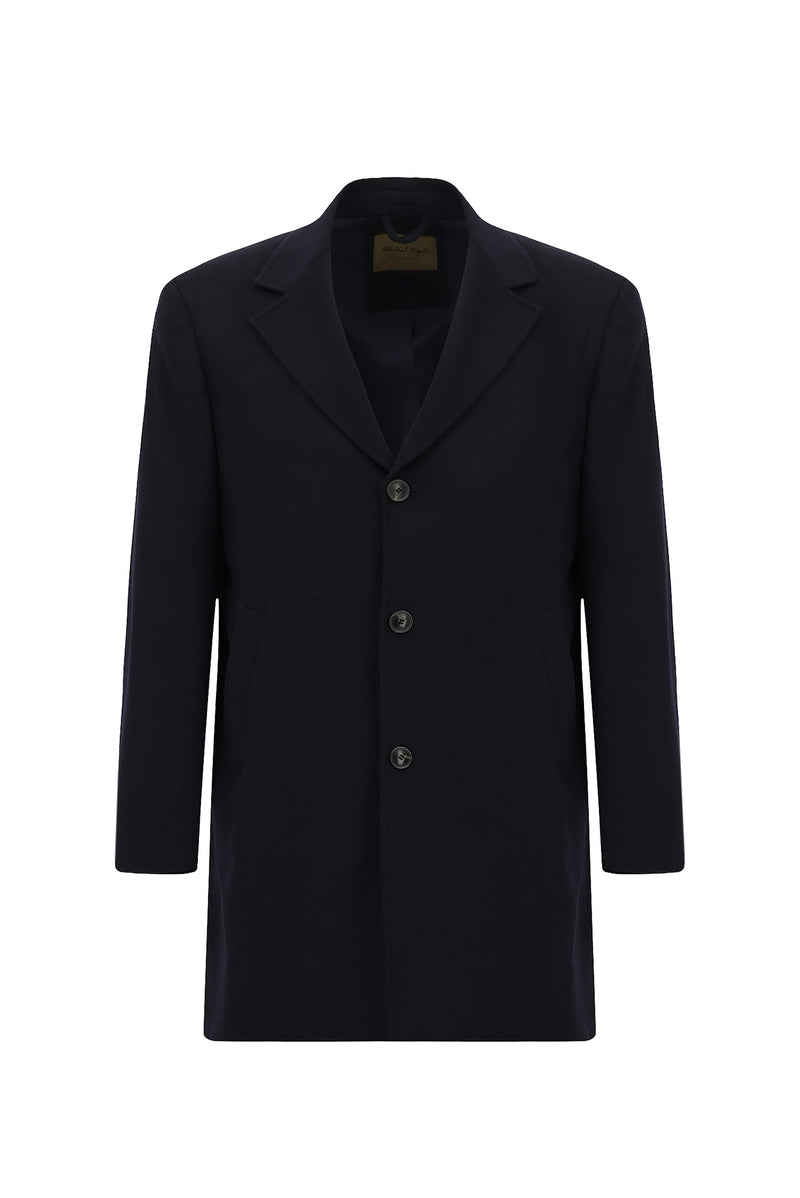 Koyu Lacivert Mono Yaka Düğmeli Cepli Kaşmir Klasik Kaşe Palto