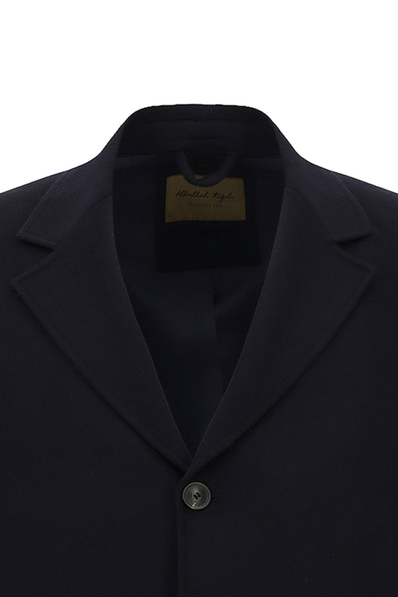 Koyu Lacivert Mono Yaka Düğmeli Cepli Kaşmir Klasik Kaşe Palto