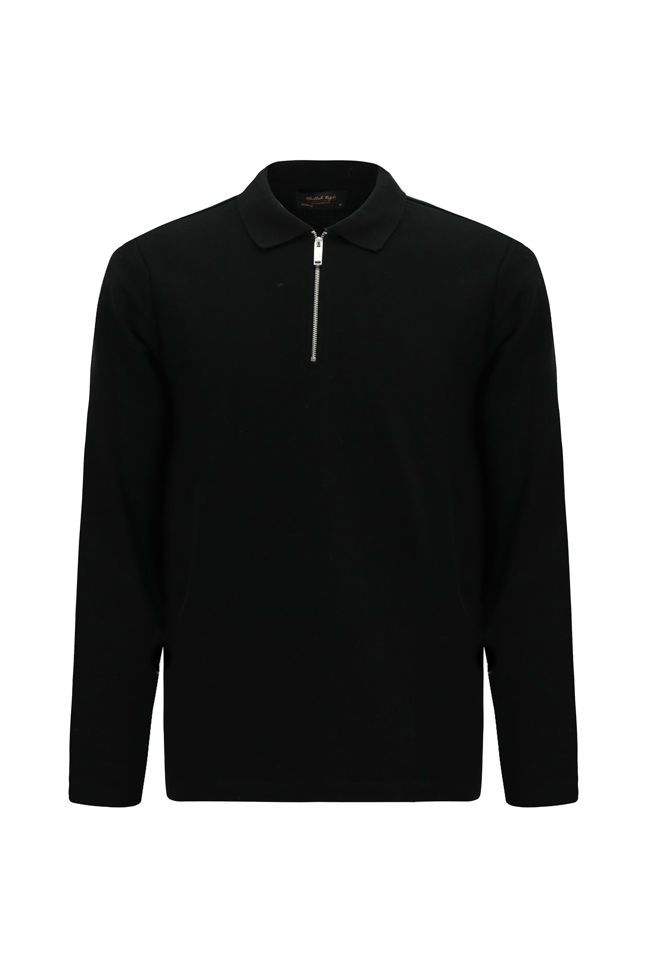 Siyah Polo Yaka Regular Fit Fermuarlı Desenli Pamuklu Sweatshirt