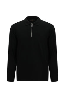 Siyah Polo Yaka Regular Fit Fermuarlı Desenli Pamuklu Sweatshirt