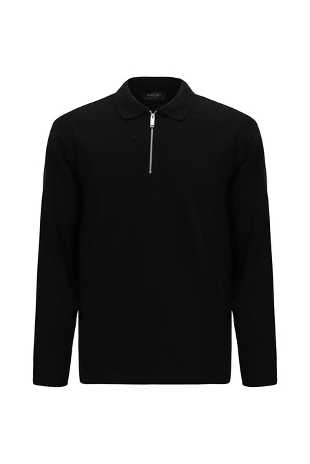 Siyah Polo Yaka Regular Fit Fermuarlı Desenli Pamuklu Sweatshirt