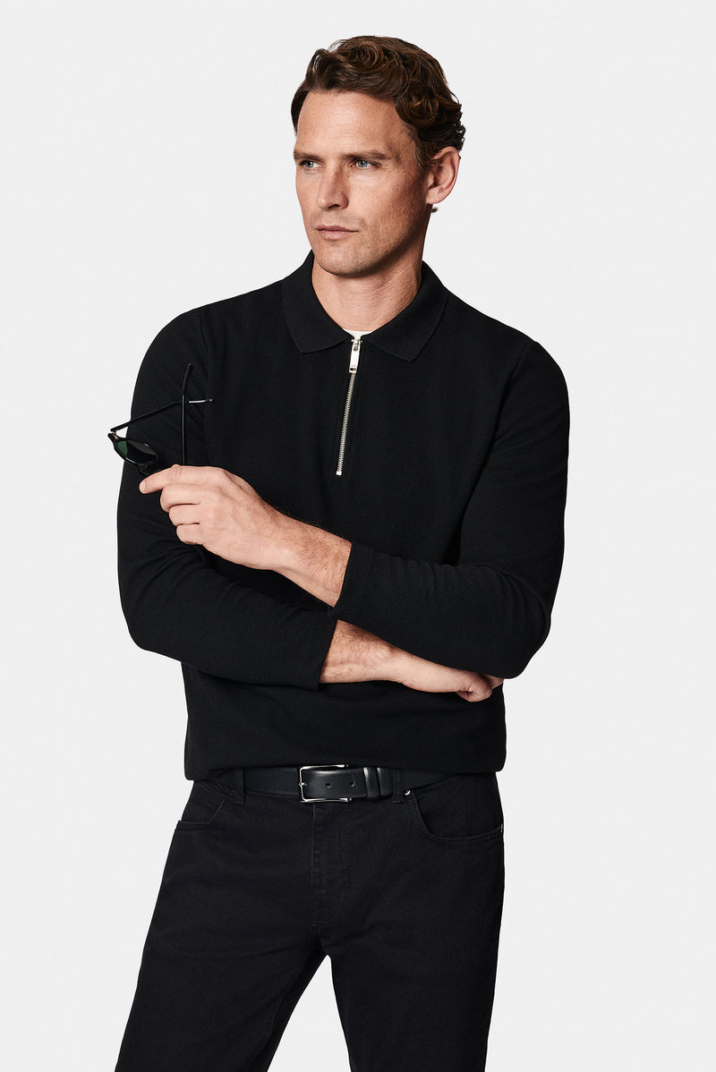 Siyah Polo Yaka Regular Fit Fermuarlı Desenli Pamuklu Sweatshirt