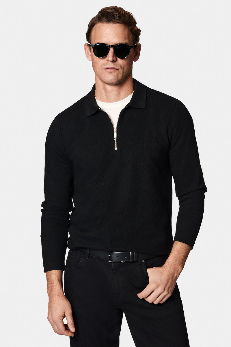 Siyah Polo Yaka Regular Fit Fermuarlı Desenli Pamuklu Sweatshirt