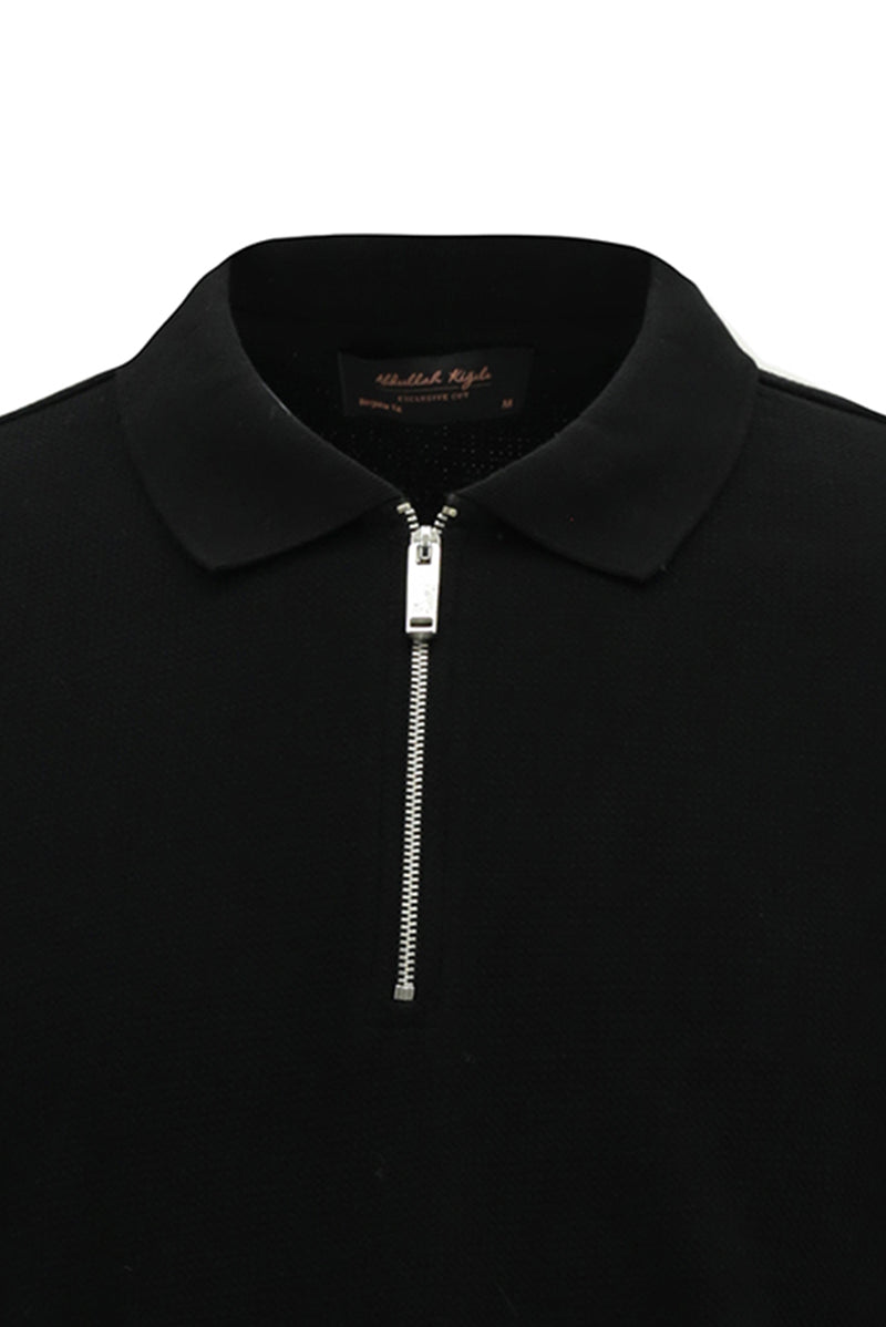 Siyah Polo Yaka Regular Fit Fermuarlı Desenli Pamuklu Sweatshirt