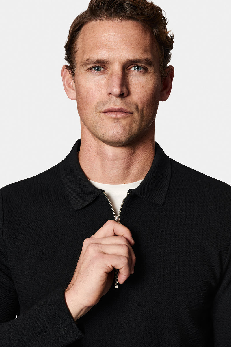 Siyah Polo Yaka Regular Fit Fermuarlı Desenli Pamuklu Sweatshirt