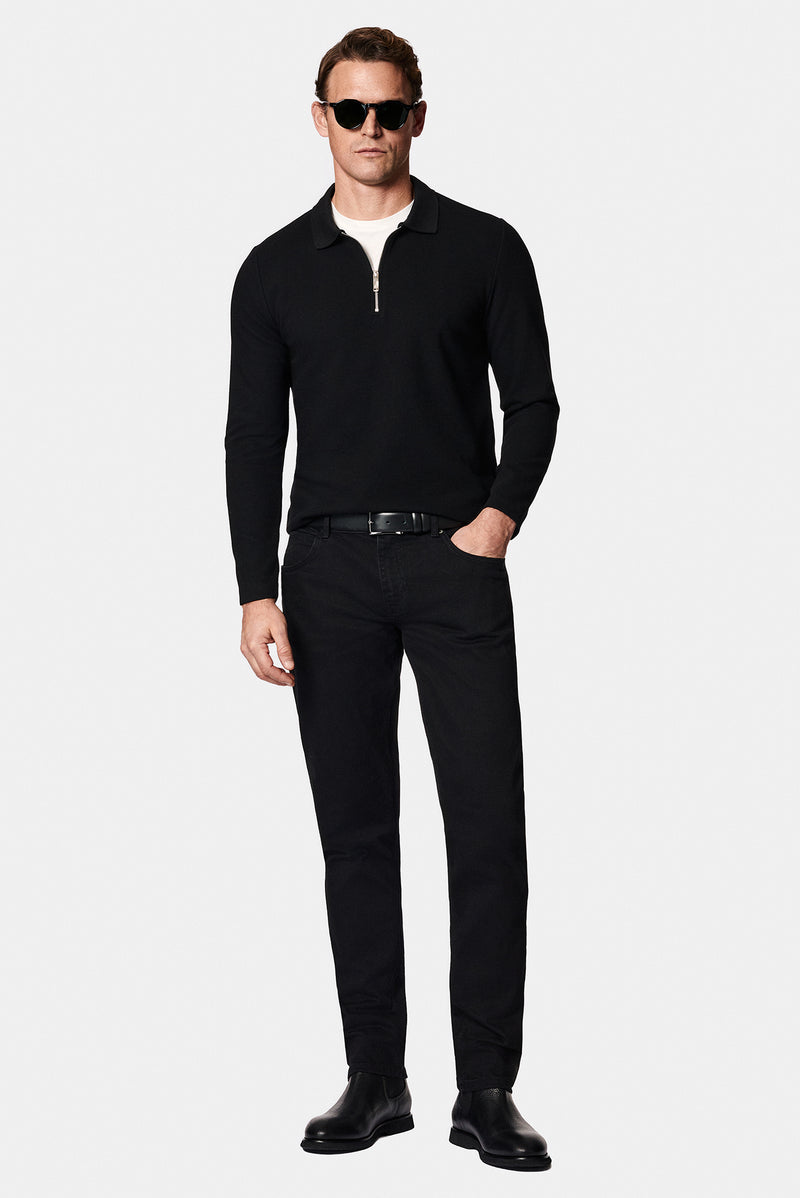 Siyah Polo Yaka Regular Fit Fermuarlı Desenli Pamuklu Sweatshirt