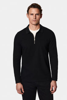 Siyah Polo Yaka Regular Fit Fermuarlı Desenli Pamuklu Sweatshirt