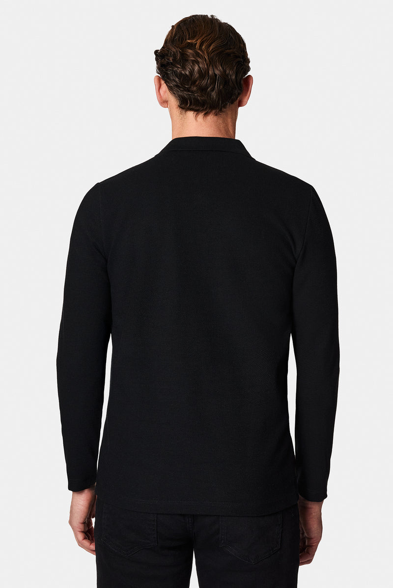 Siyah Polo Yaka Regular Fit Fermuarlı Desenli Pamuklu Sweatshirt