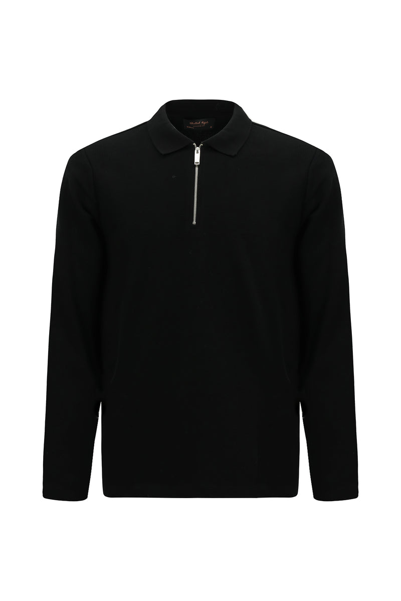 Siyah Polo Yaka Regular Fit Fermuarlı Desenli Pamuklu Sweatshirt