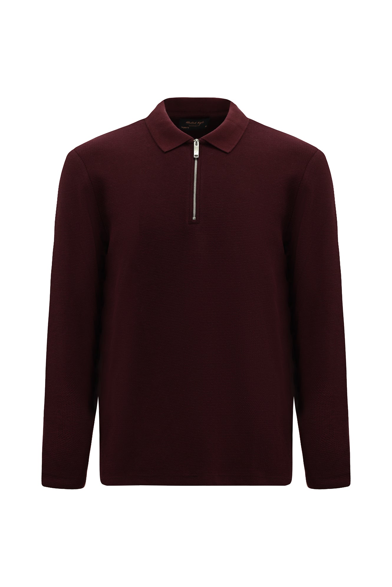 Koyu Bordo Polo Yaka Regular Fit Fermuarlı Desenli Pamuklu Sweatshirt