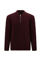 Koyu Bordo Polo Yaka Regular Fit Fermuarlı Desenli Pamuklu Sweatshirt