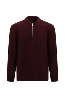 Koyu Bordo Polo Yaka Regular Fit Fermuarlı Desenli Pamuklu Sweatshirt