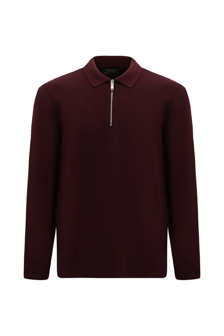 Koyu Bordo Polo Yaka Regular Fit Fermuarlı Desenli Pamuklu Sweatshirt