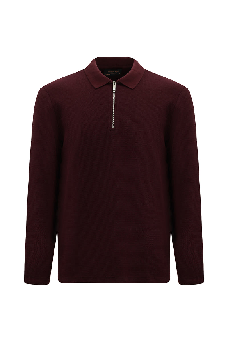 Koyu Bordo Polo Yaka Regular Fit Fermuarlı Desenli Pamuklu Sweatshirt