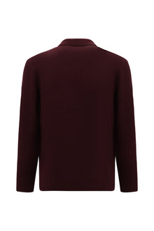 Koyu Bordo Polo Yaka Regular Fit Fermuarlı Desenli Pamuklu Sweatshirt