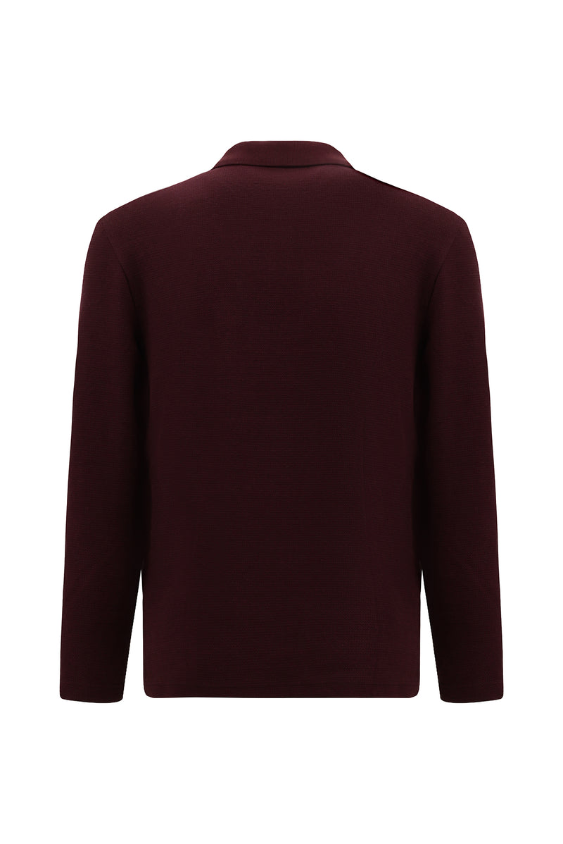 Koyu Bordo Polo Yaka Regular Fit Fermuarlı Desenli Pamuklu Sweatshirt