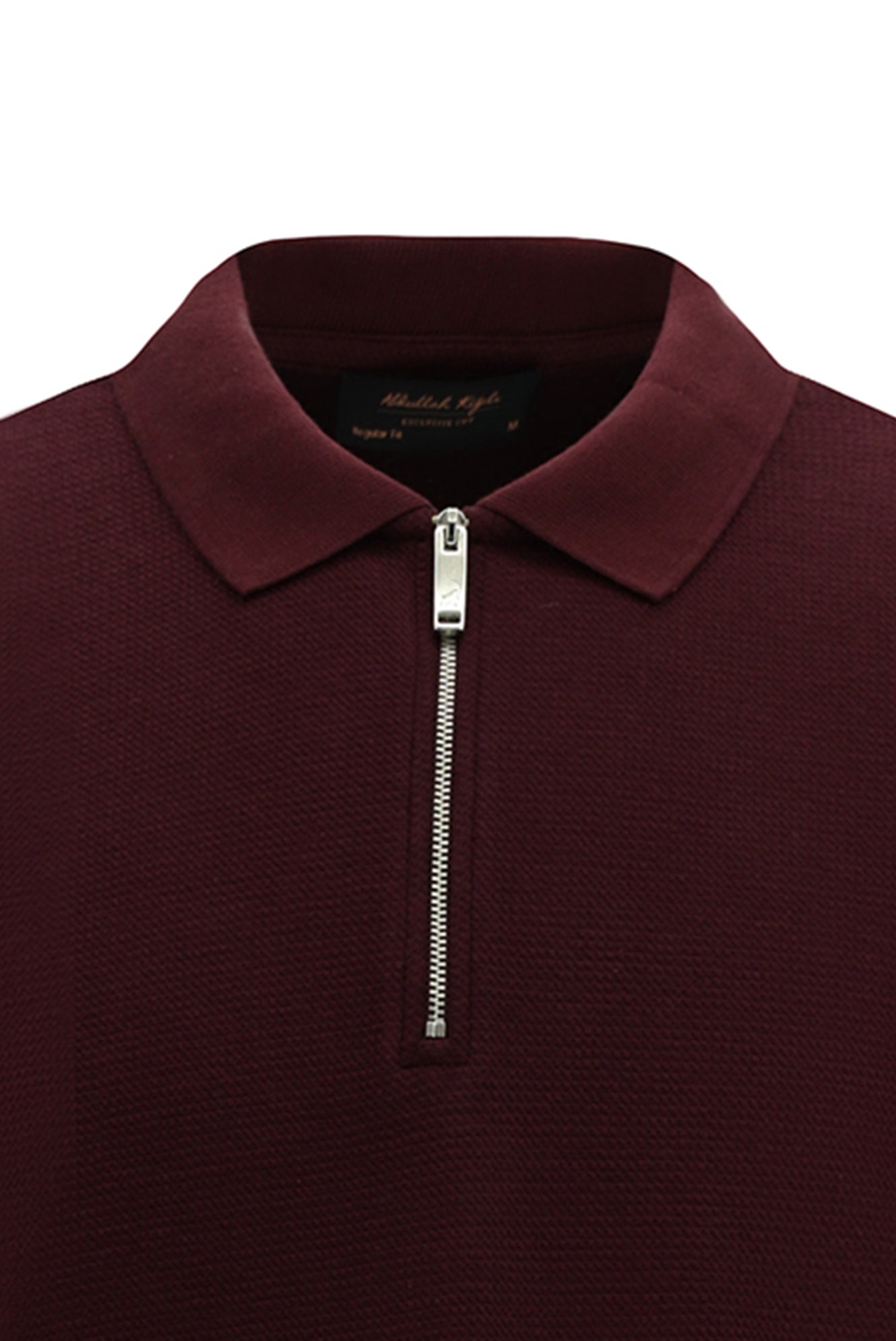 Koyu Bordo Polo Yaka Regular Fit Fermuarlı Desenli Pamuklu Sweatshirt